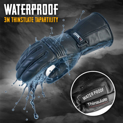 Men's Thermal Motorbike Black Leather Waterproof Biker Protection Gloves
