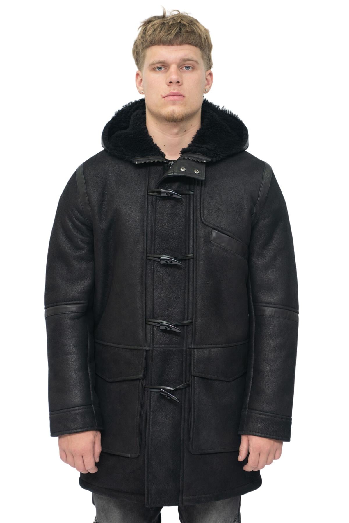 Mens Winter Sheepskin Leather Hooded Duffle Coat-Montpellier