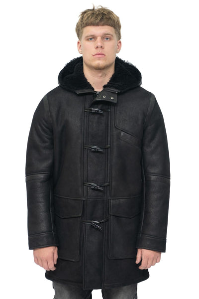 Mens Winter Sheepskin Leather Hooded Duffle Coat-Langport