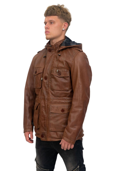 Mens Leather Hooded Trench Coat-Medellin
