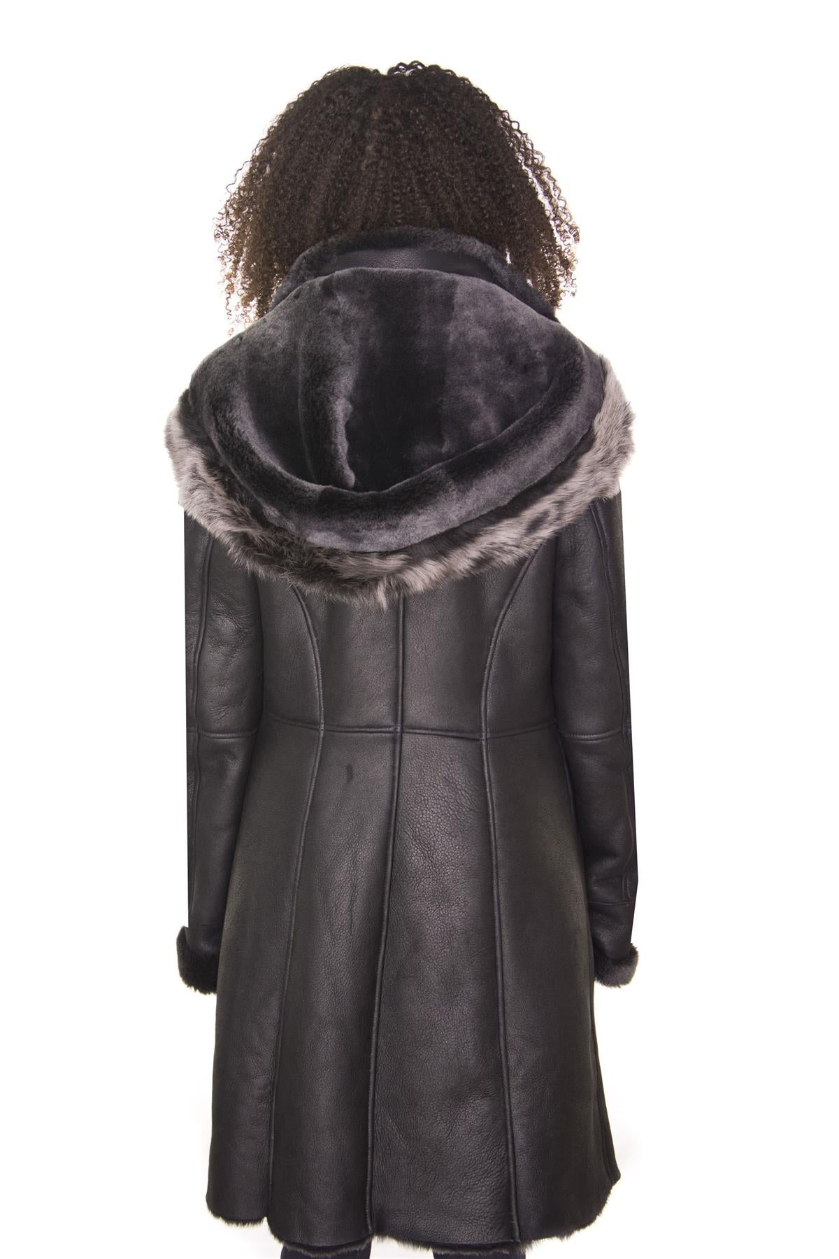 Womens Black Sheepskin Hooded Duffle Coat-Ottawa