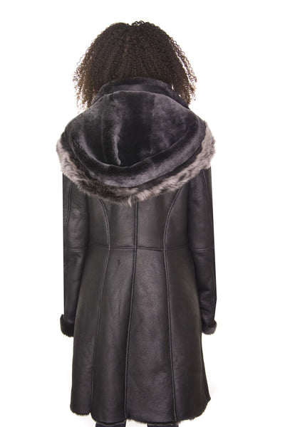 Womens Black Sheepskin Hooded Duffle Coat-Redhill