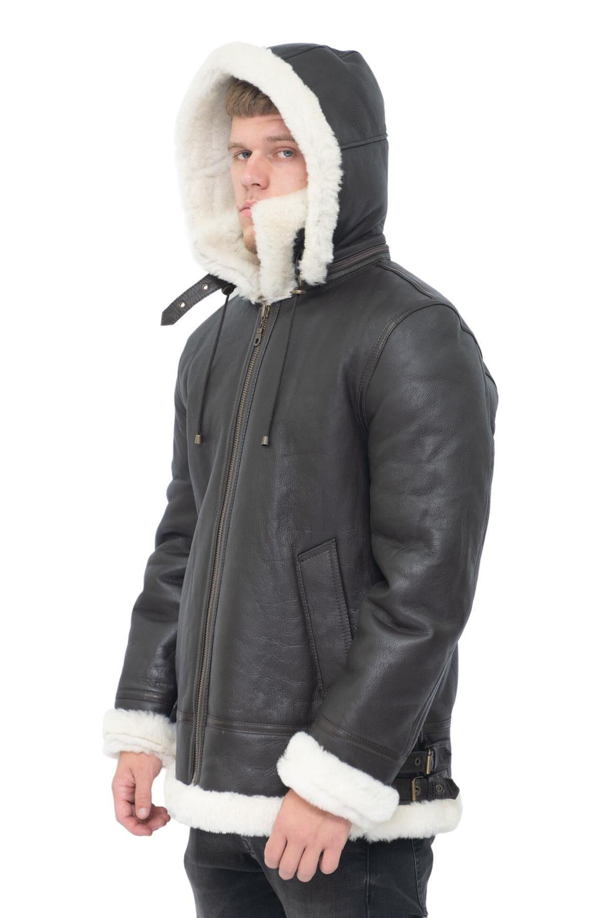 Mens Hooded Sheepskin Leather B3 Flying Jacket-Harwich