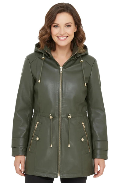 Women's Leather Parka Detachable Borg Hooded Trench Coat - Trekker