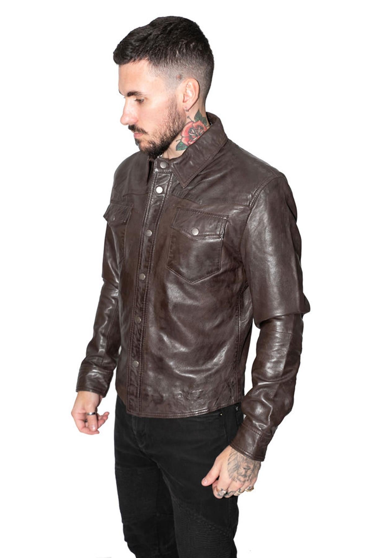 Mens Retro Leather Shirt Jeans Jacket-Beijing