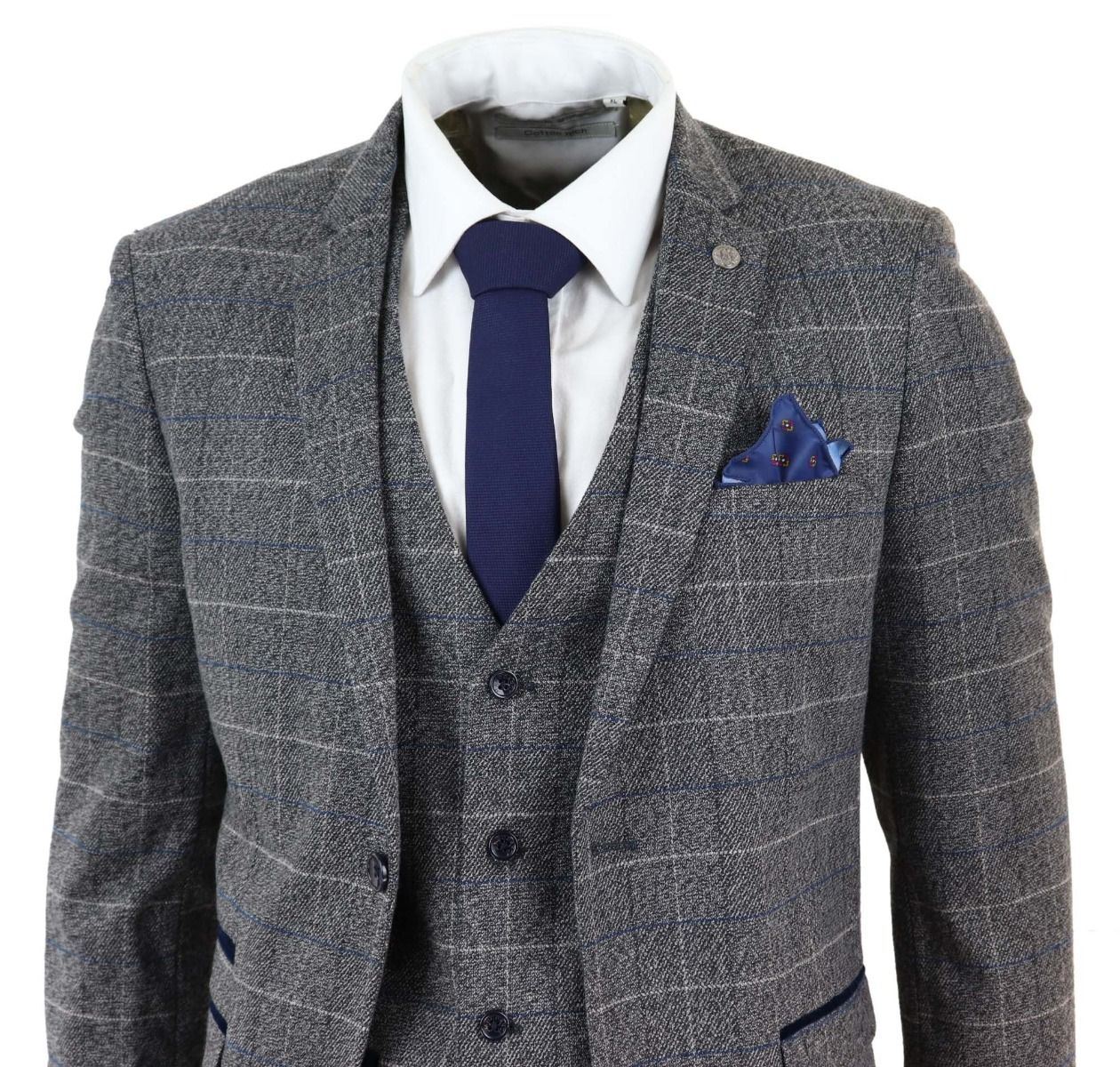 Mens 3 Piece Grey With Blue Check Vintage Classic Suit