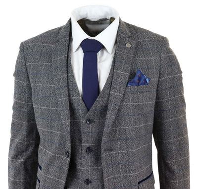 Mens 3 Piece Grey With Blue Check Vintage Classic Suit