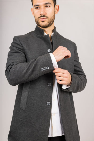 Men's Grey Stand Collar Wool Blend Overcoat