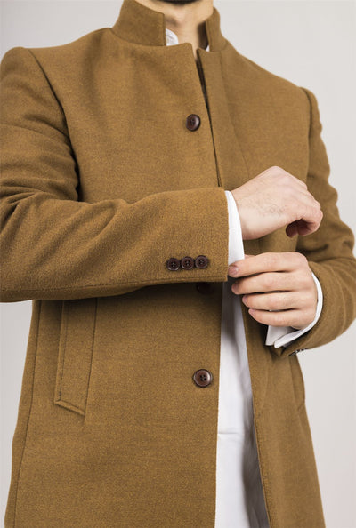 Men's Tan Stand Collar Wool Blend Overcoat