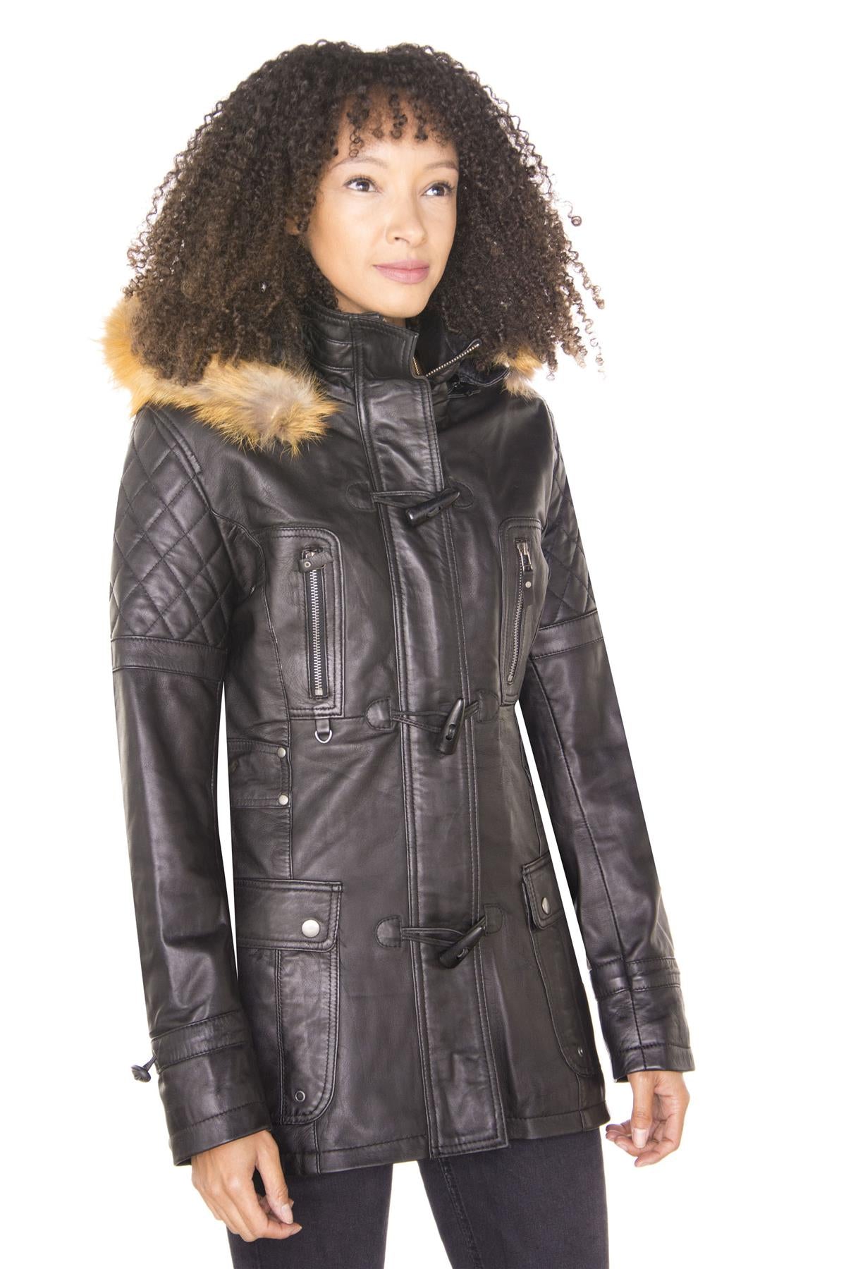 Womens Quilted Leather Parka Jacket-Brussels