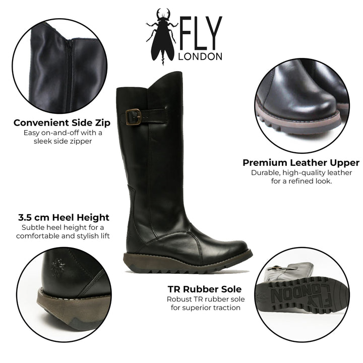 Fly London Womens Black MOL 2 Leather Wedge Heel Knee High Zip Up