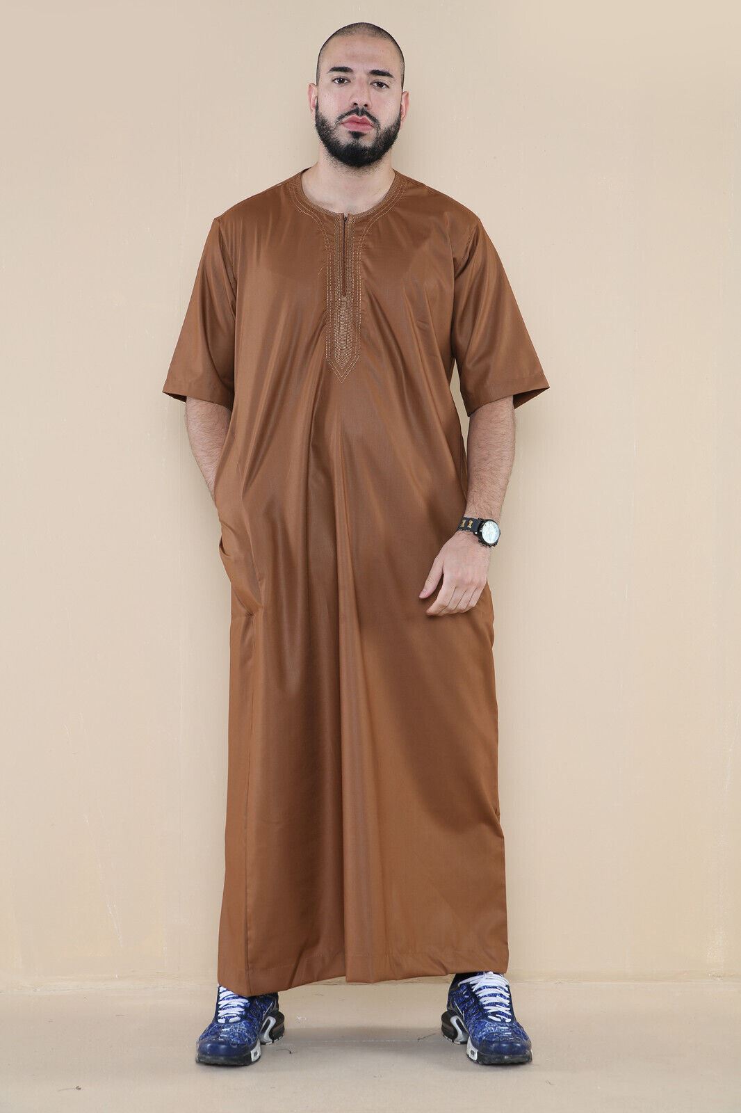 Mens Thobe Jubba Islamic Arab Moroccan Saudi Zipped Kaftan Arab Robe