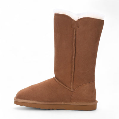 Women's Sheepskin Suede Tan Button Warm Winter Calf Boots - Willow