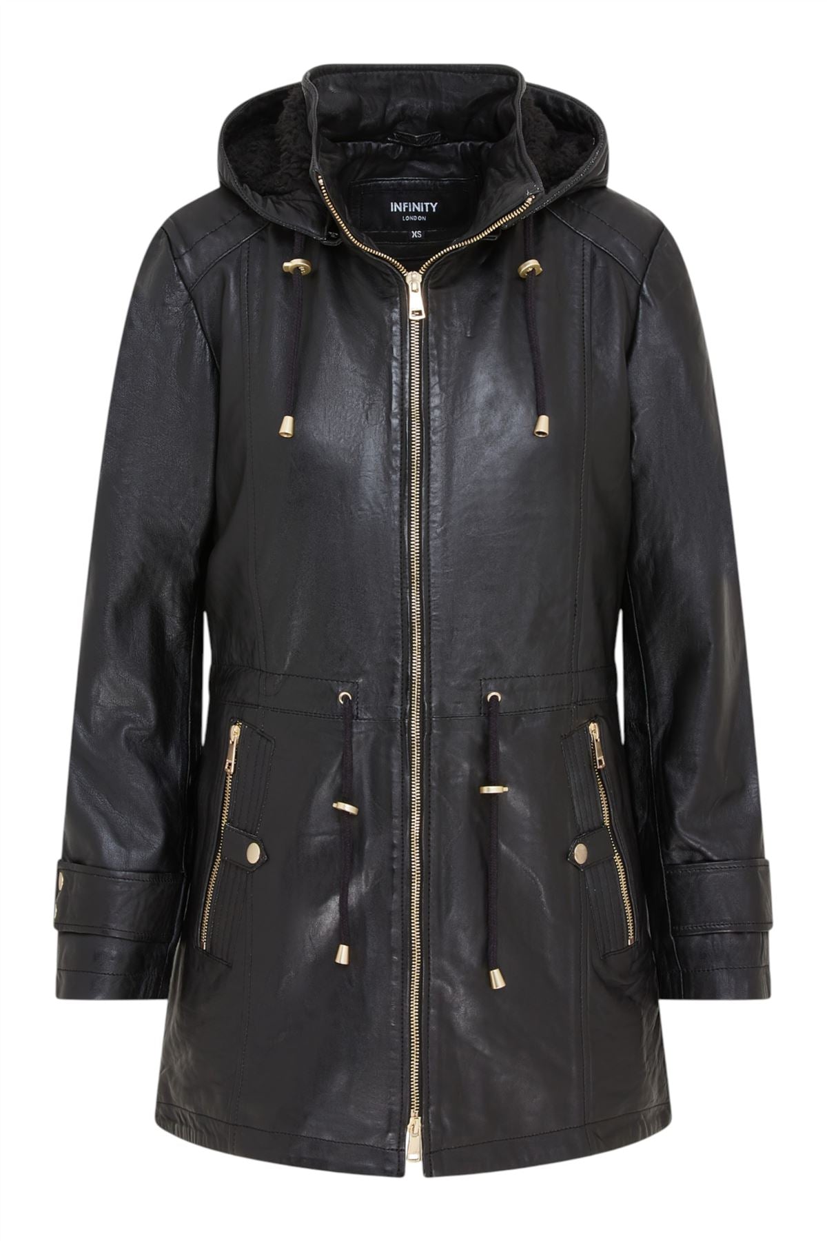 Women's Leather Parka Detachable Borg Hooded Trench Coat - Trekker