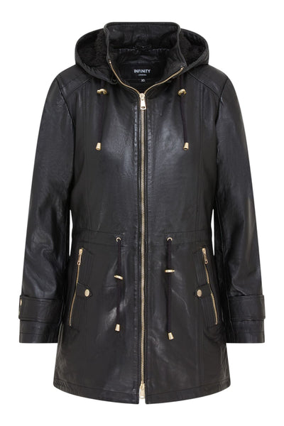 Women's Leather Parka Detachable Borg Hooded Trench Coat - Trekker