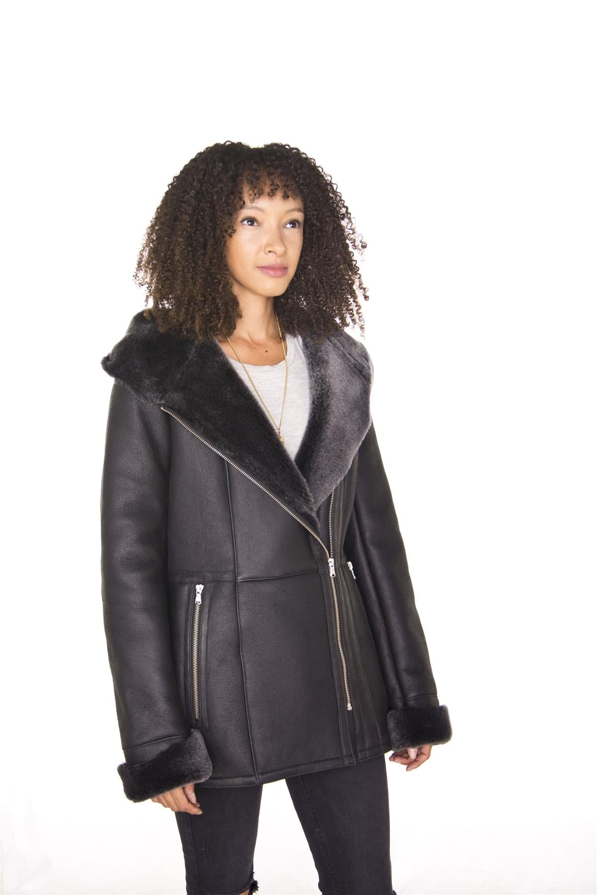 Womens Black Hooded Merino Sheepskin Jacket-Mandalay