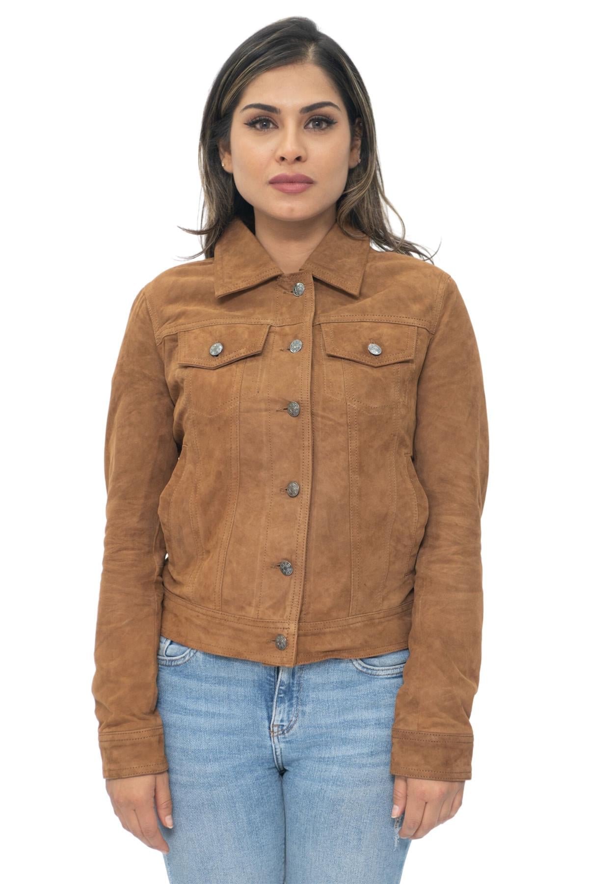 Womens Goat Suede Trucker Jeans Jacket-Astoria