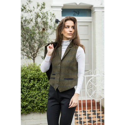 Women's Olive Tailored Fit Tweed Waistcoat in Herringbone Check