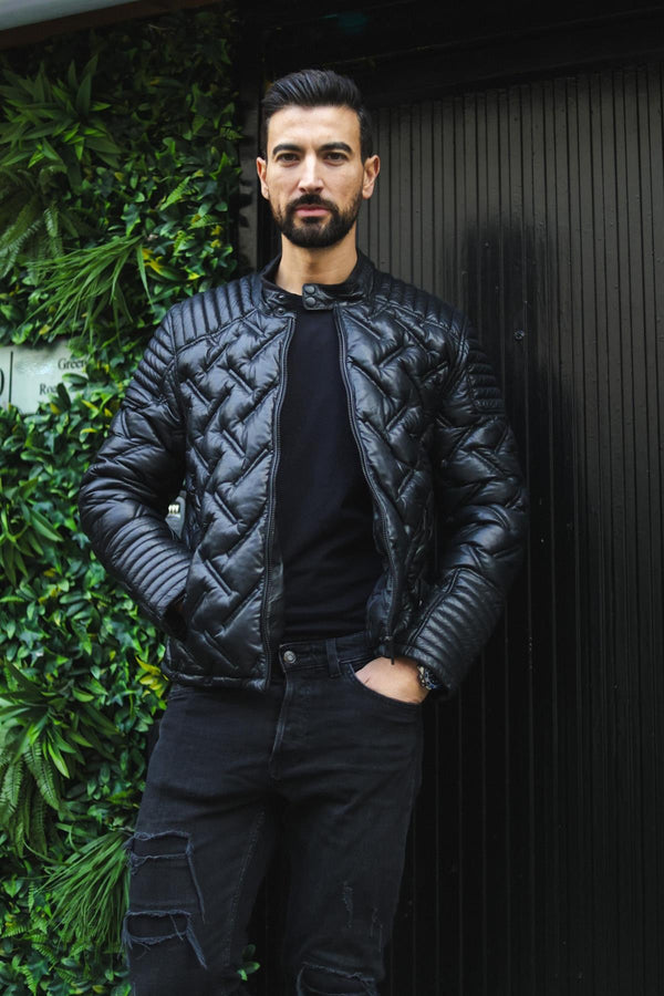 Mens Black Puffer Leather Biker Jacket - Tilbury - Upperclass Fashions 