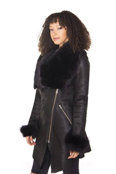 Womens Black Merino Shearling Coat with Toscana Collar-Romford