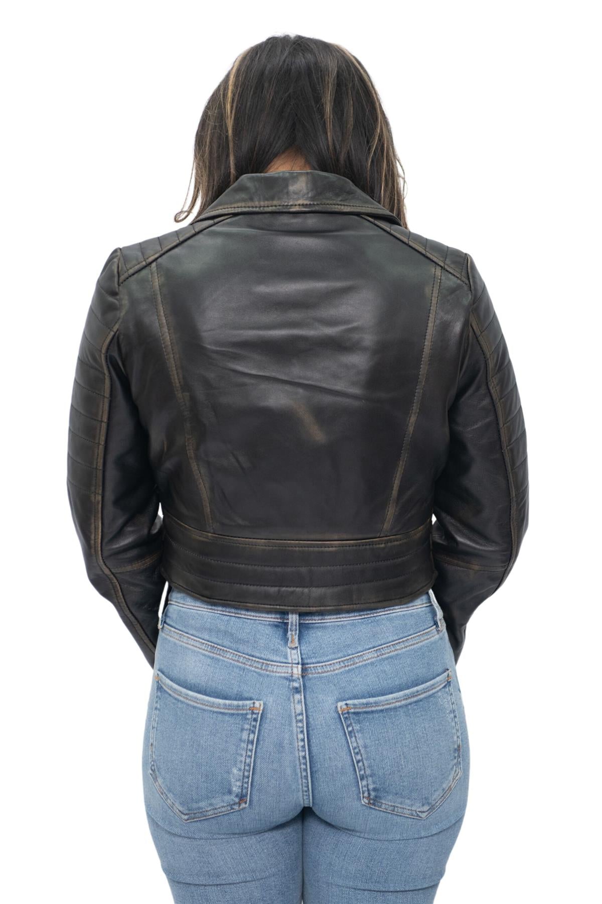 Womens Cropped Brando Leather Biker Jacket-Damascus