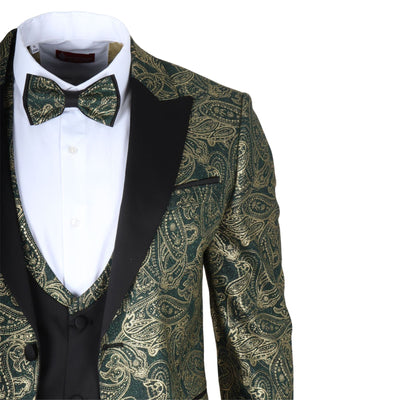 Men's 4 Piece Green Paisley Wedding Suit Tailor Fit