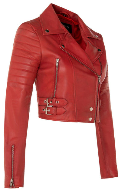 Womens Cropped Brando Leather Biker Jacket-Damascus