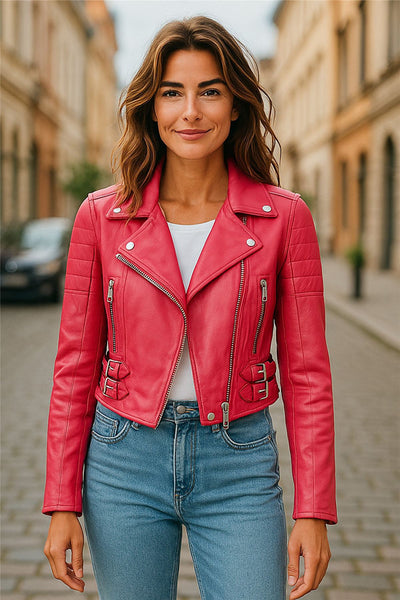Womens Cropped Brando Leather Biker Jacket-Damascus