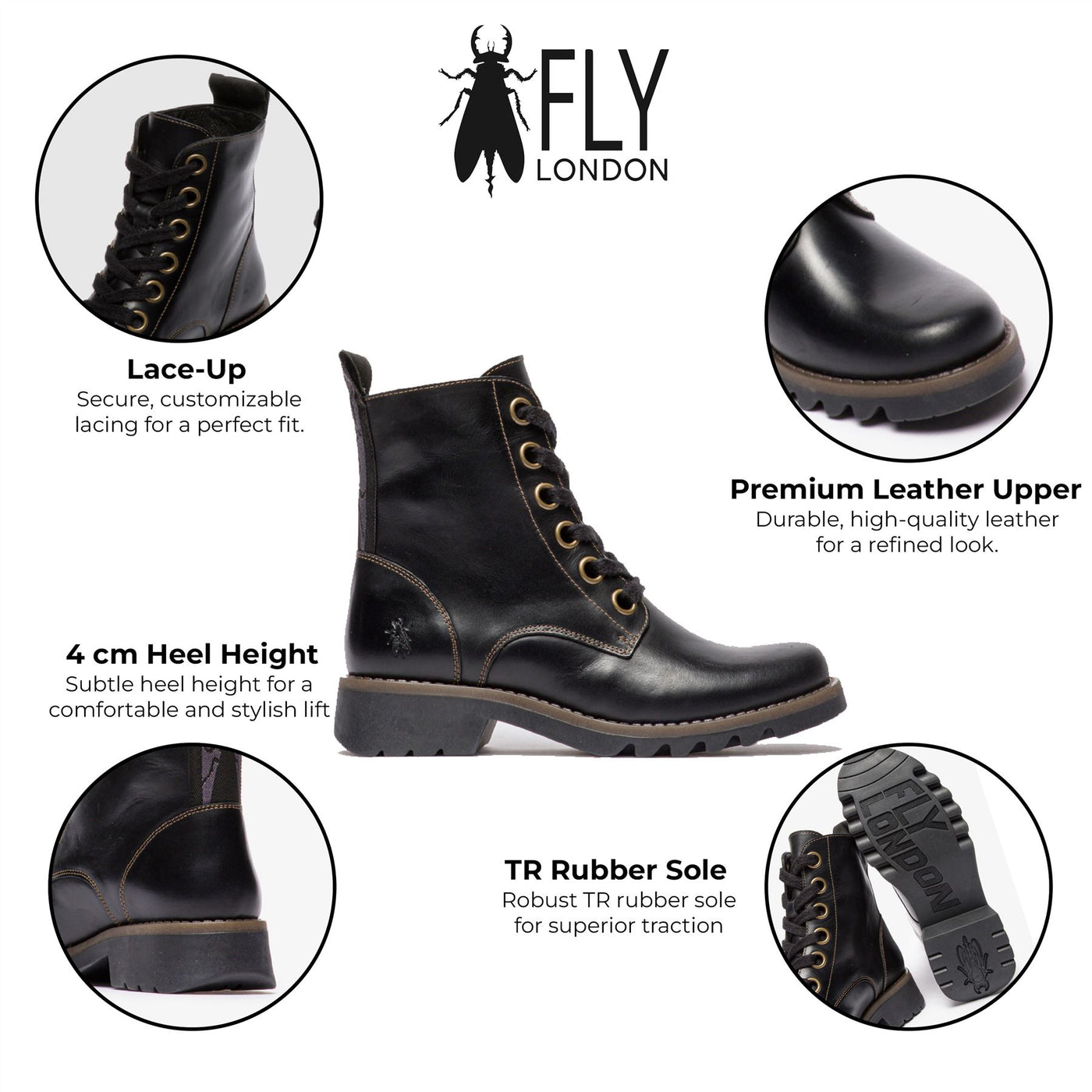 Fly London Womens Black RAGI539 Casual Rug Leather Lace-up Ankle Boots