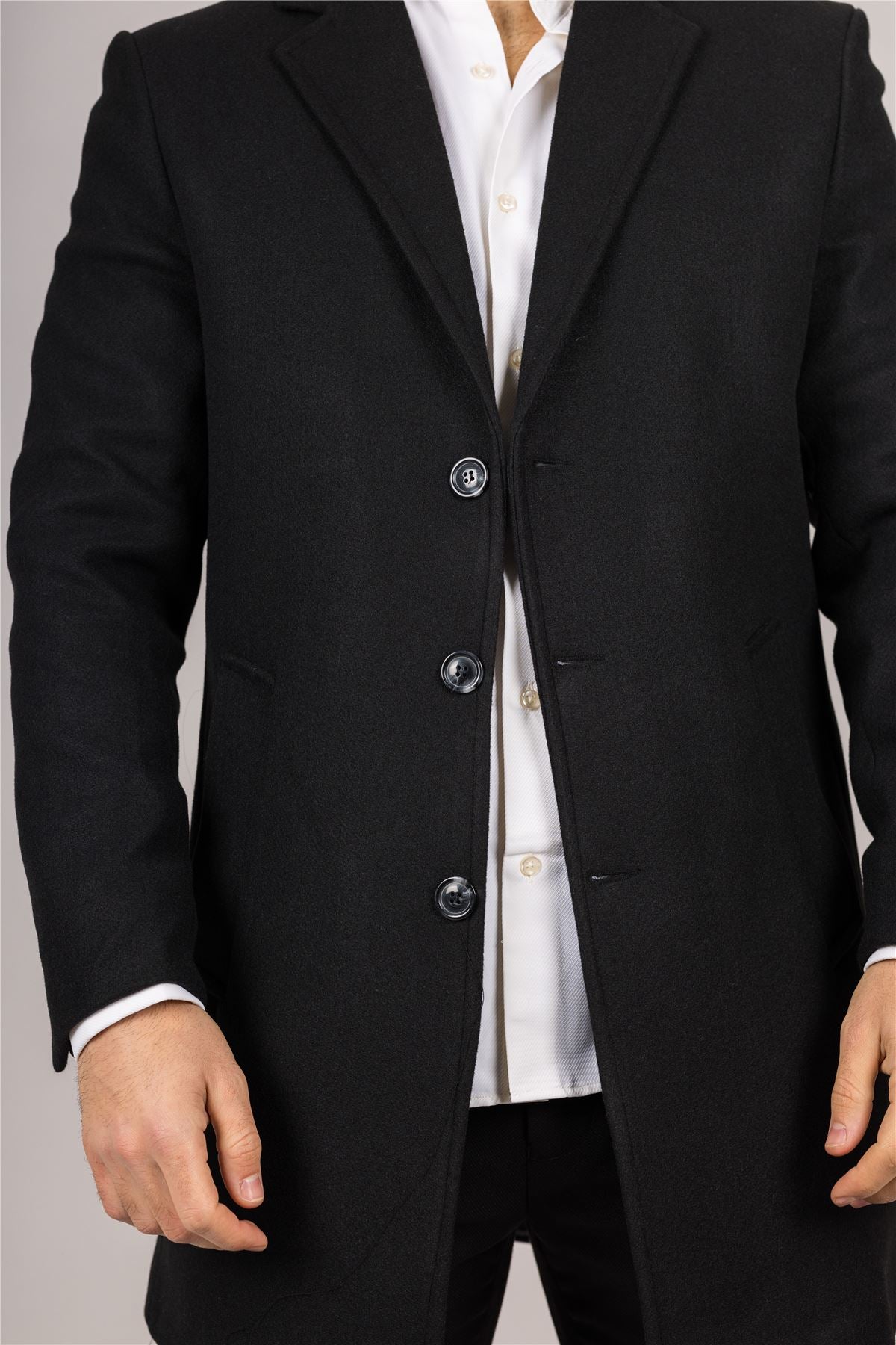 Men's Notched Lapel Collar Wool Blend Black Overcoat