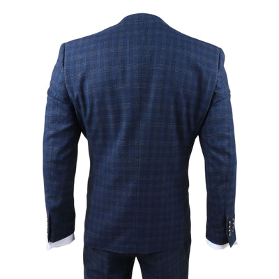 Men's Navy Blue Plaid Check 3 Piece Suit Slim Fit Formal Suit