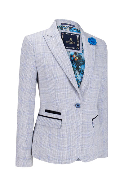 Womens Blue Check Blazer Wool Blend Herringbone Tweed