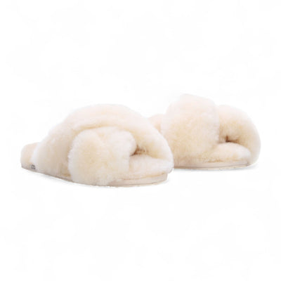 Women's Sheepskin Slippers Beige Warm Winter Fur Crossover - Snowbelle