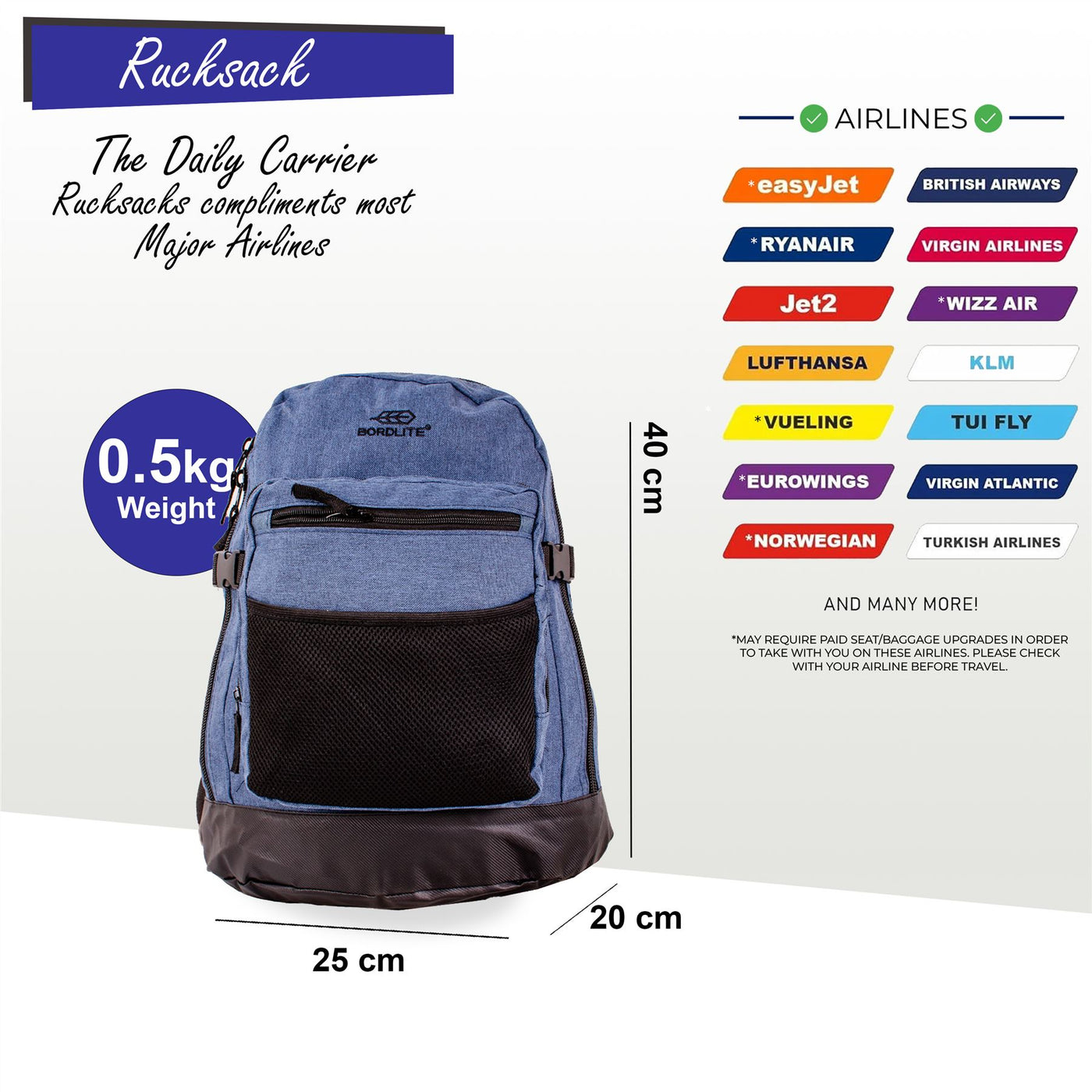 Backpack Rucksack 40x 20 x25cm Underseat Travel Cabin Bag for Ryanair, Easy Jet