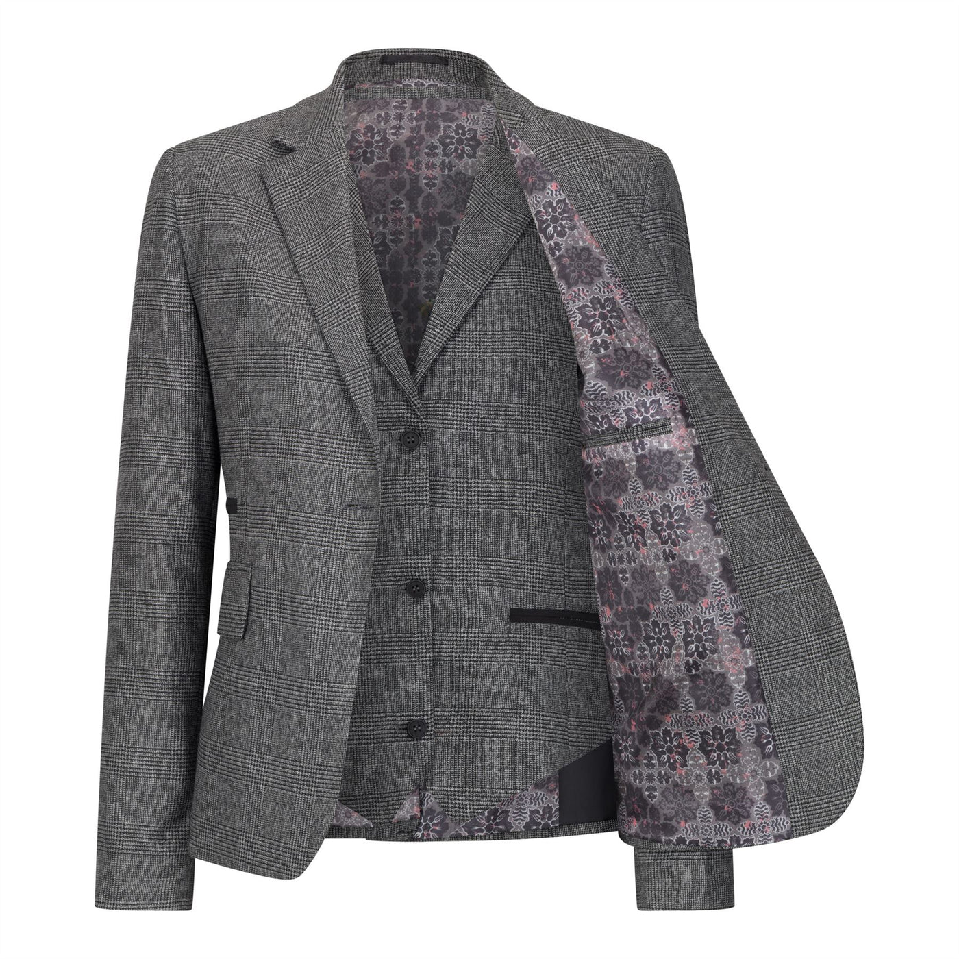 Women's Grey Three-Piece Tailored Fit Suit in Prince of Wales Check