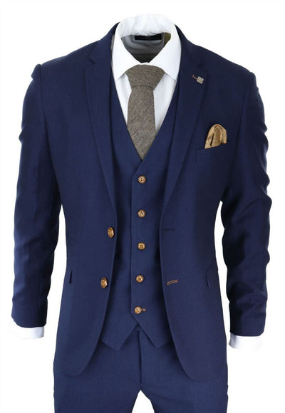 Mens 3 Piece Navy Blue Birdseye Classic Suit