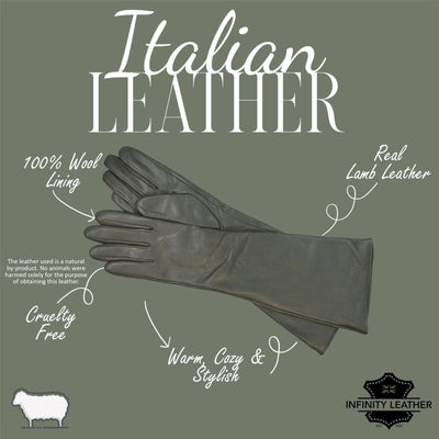 Womens Long Italian Leather Winter Soft Wool Lining Gloves