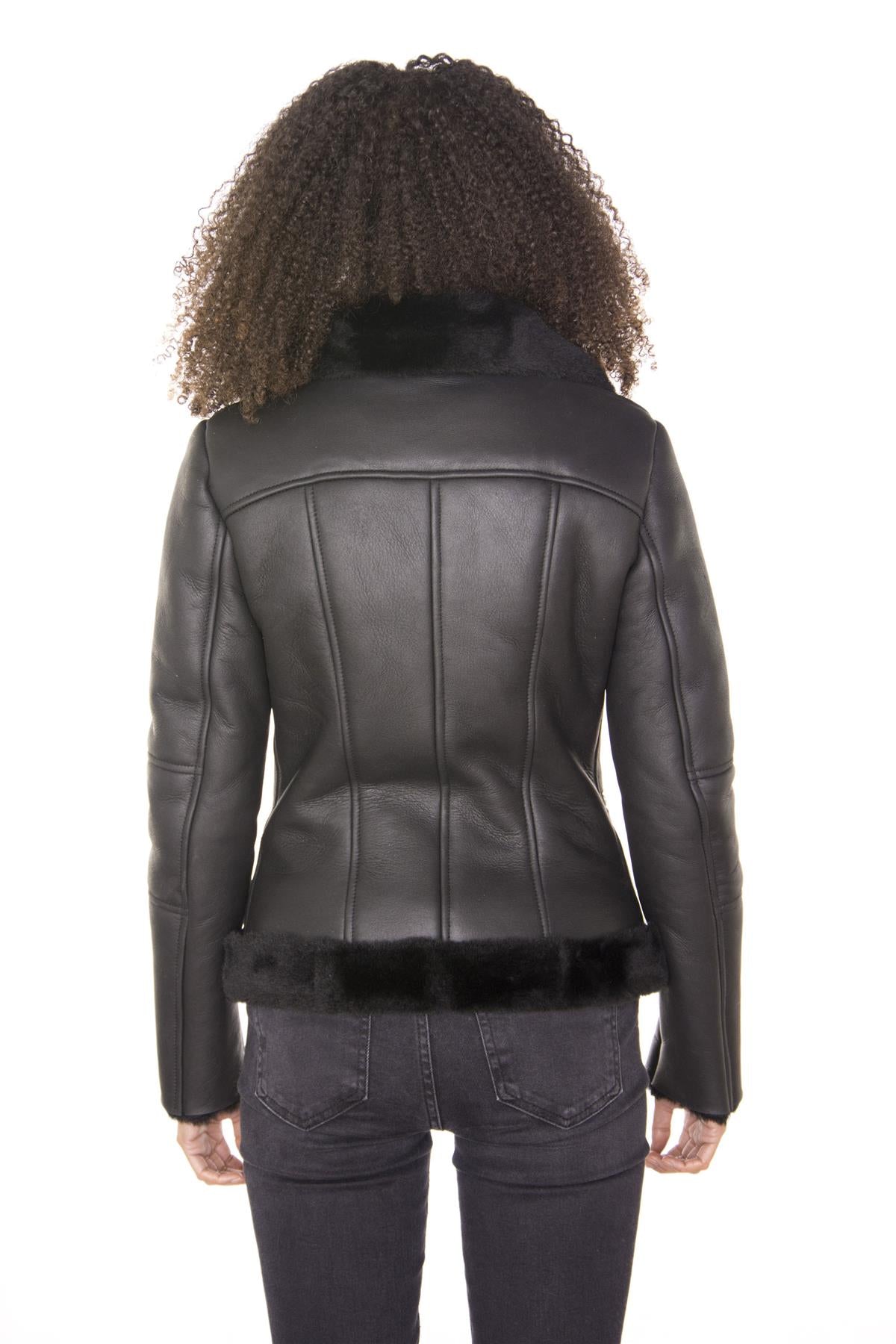 Womens Black Shearling Sheepskin Aviator Jacket-Patchway