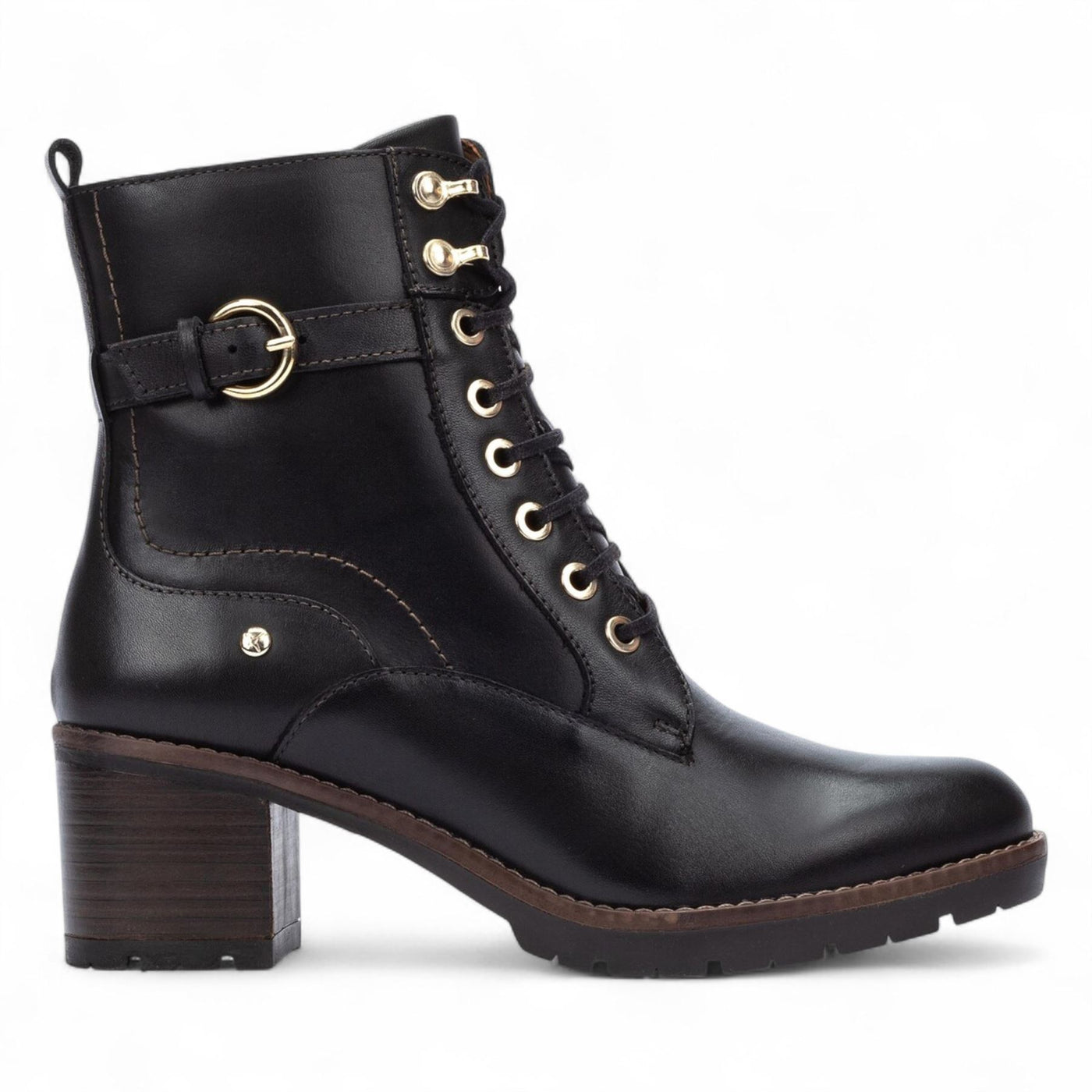 Pikolinos Women’s Black Leather Mid-Heel Combat Ankle Boots - Llanes