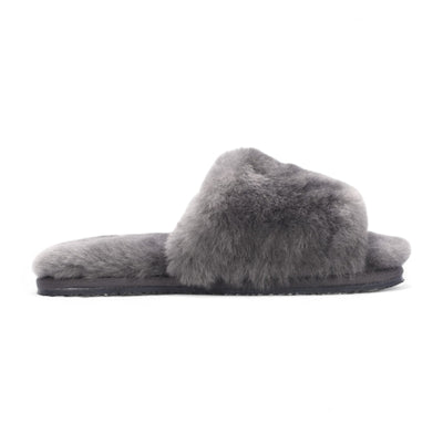 Women's Sheepskin Slippers Grey Warm Winter Fur Sliders - Nordic