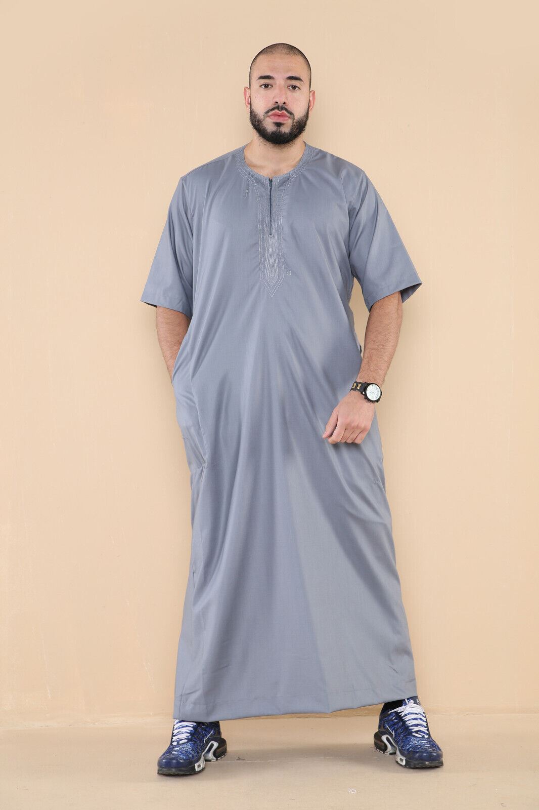 Mens Thobe Jubba Islamic Arab Moroccan Saudi Zipped Kaftan Arab Robe