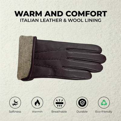 Womens Italian Leather Winter Stitch Line Design Soft Wool Lining Gloves - L-GLV-301