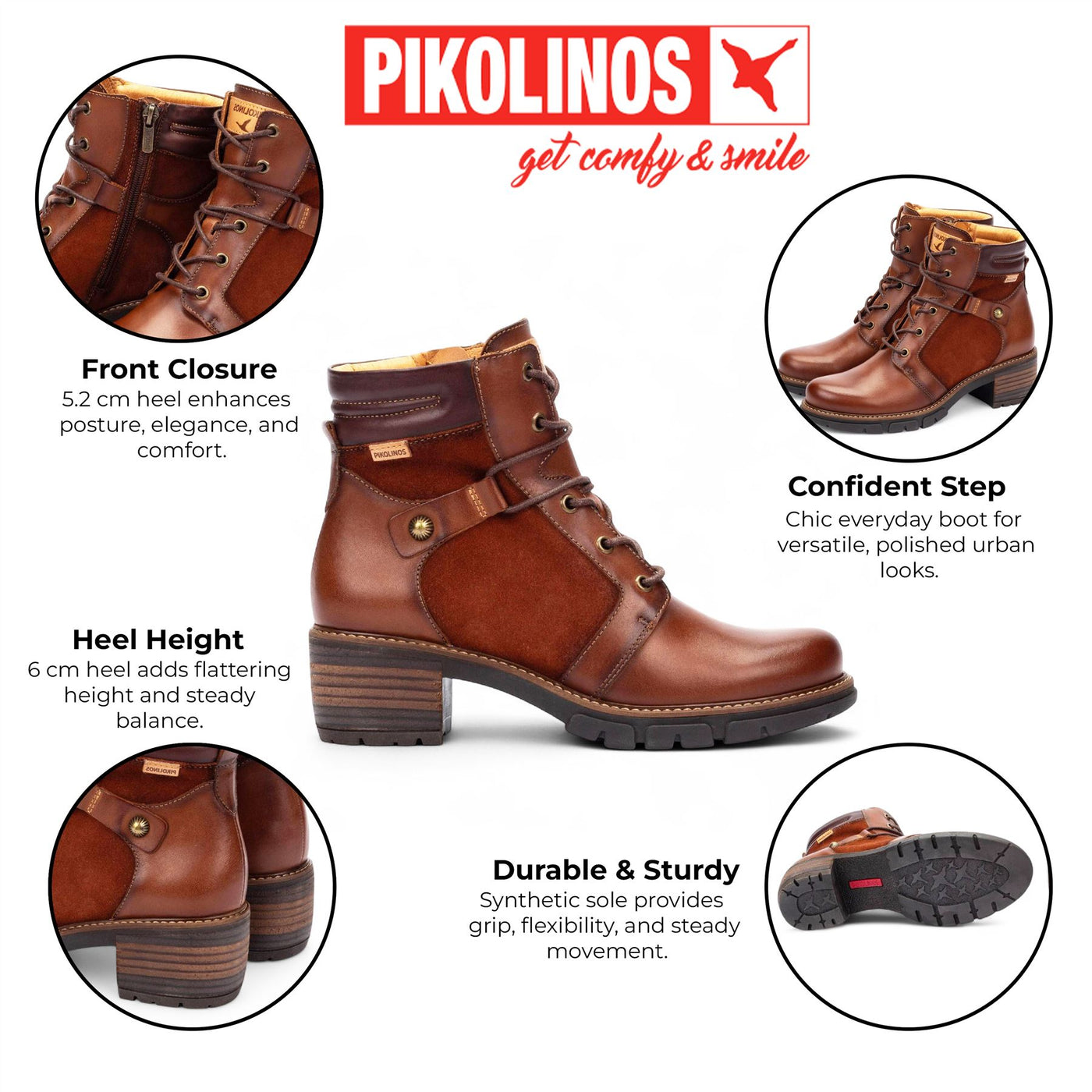 Pikolinos Women’s Cuero Brown Leather Zip & Lace Up Heel Ankle Boots - San Sebastia