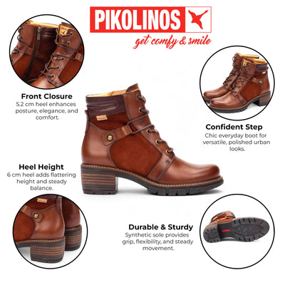 Pikolinos Women’s Cuero Brown Leather Zip & Lace Up Heel Ankle Boots - San Sebastia