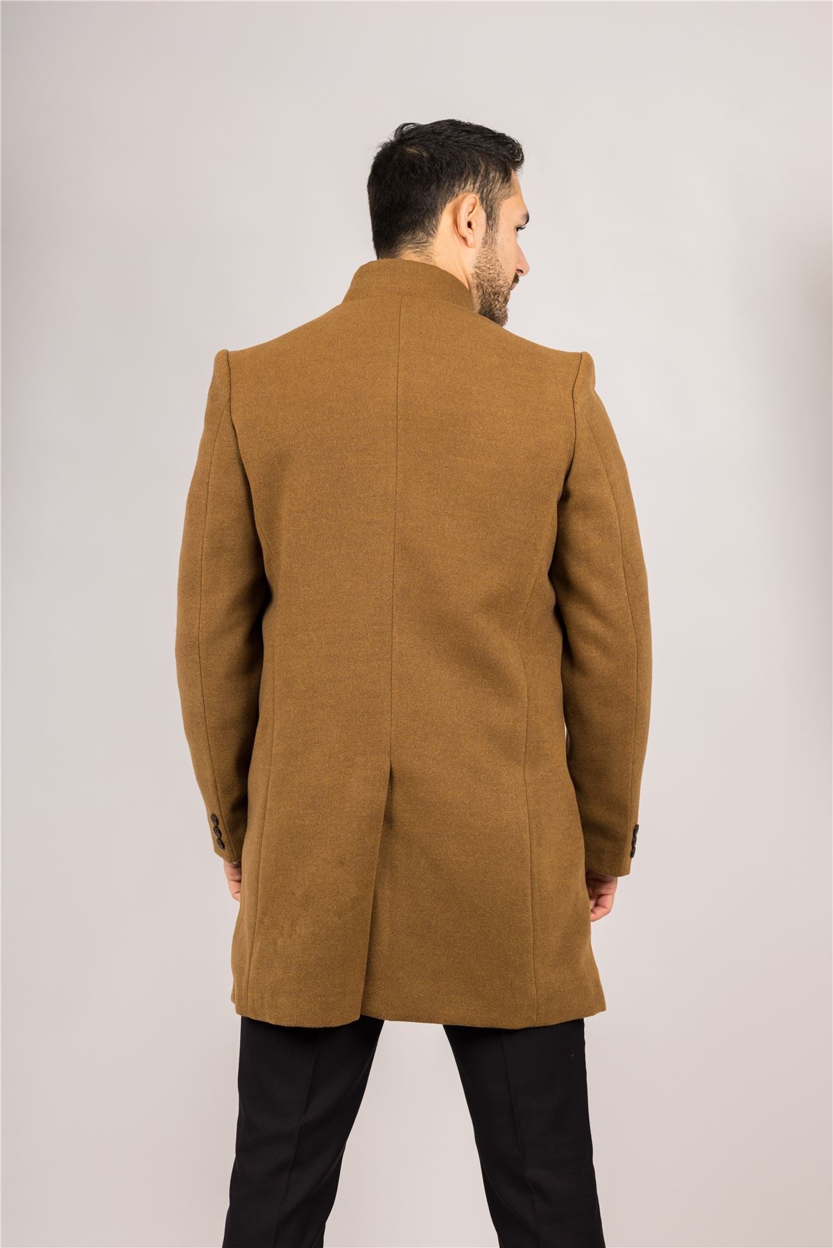 Men's Tan Stand Collar Wool Blend Overcoat