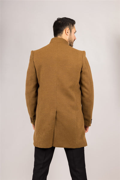 Men's Tan Stand Collar Wool Blend Overcoat