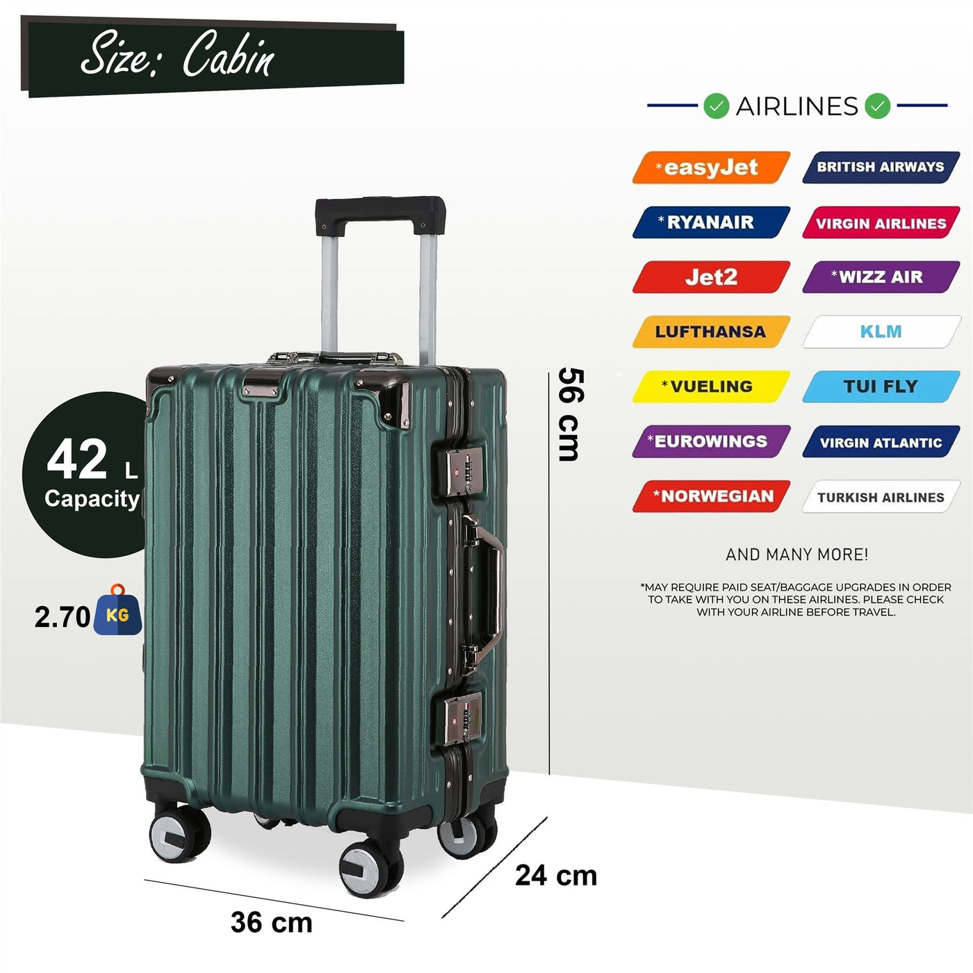 Robust Hard Shell Cabin Suitcase 36 x 24 x 56 cm Luggage Suitable for Easyjet, Ryanair, Wizzair