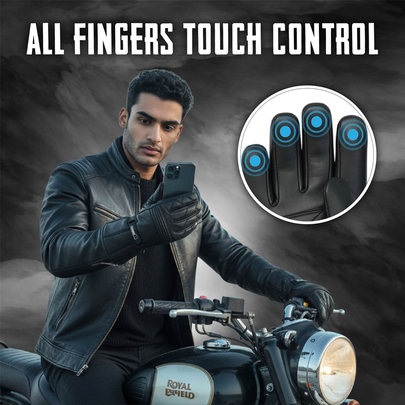 Men's Thermal Motorbike Black Leather Waterproof Biker Protection Gloves