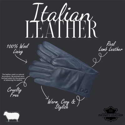 Womens Italian Leather Winter Button Design Soft Wool Lining Gloves - L-GLV-501