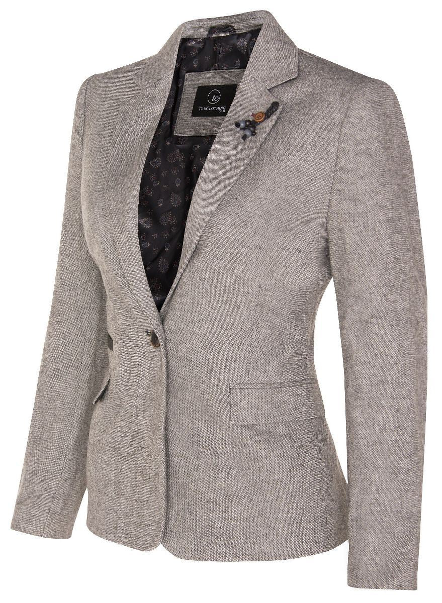 Womens Tweed 1920s Herringbone Light Grey Blazer